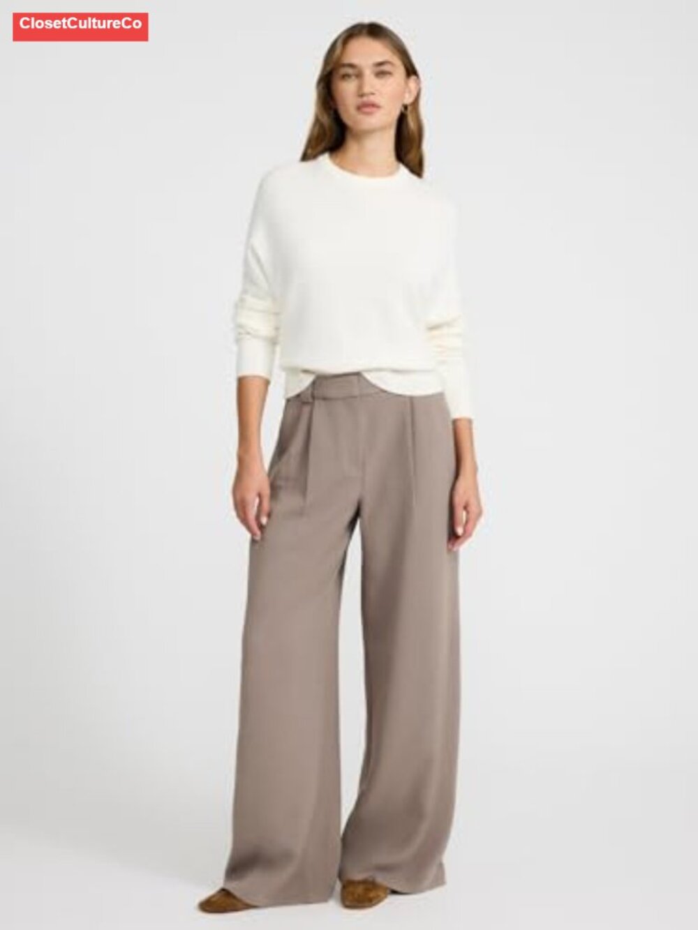 Women's Mid-Rise Relaxed Wide-Leg Trousers Stretch Twill Curvy Fit Workwear - Picture 3 of 5